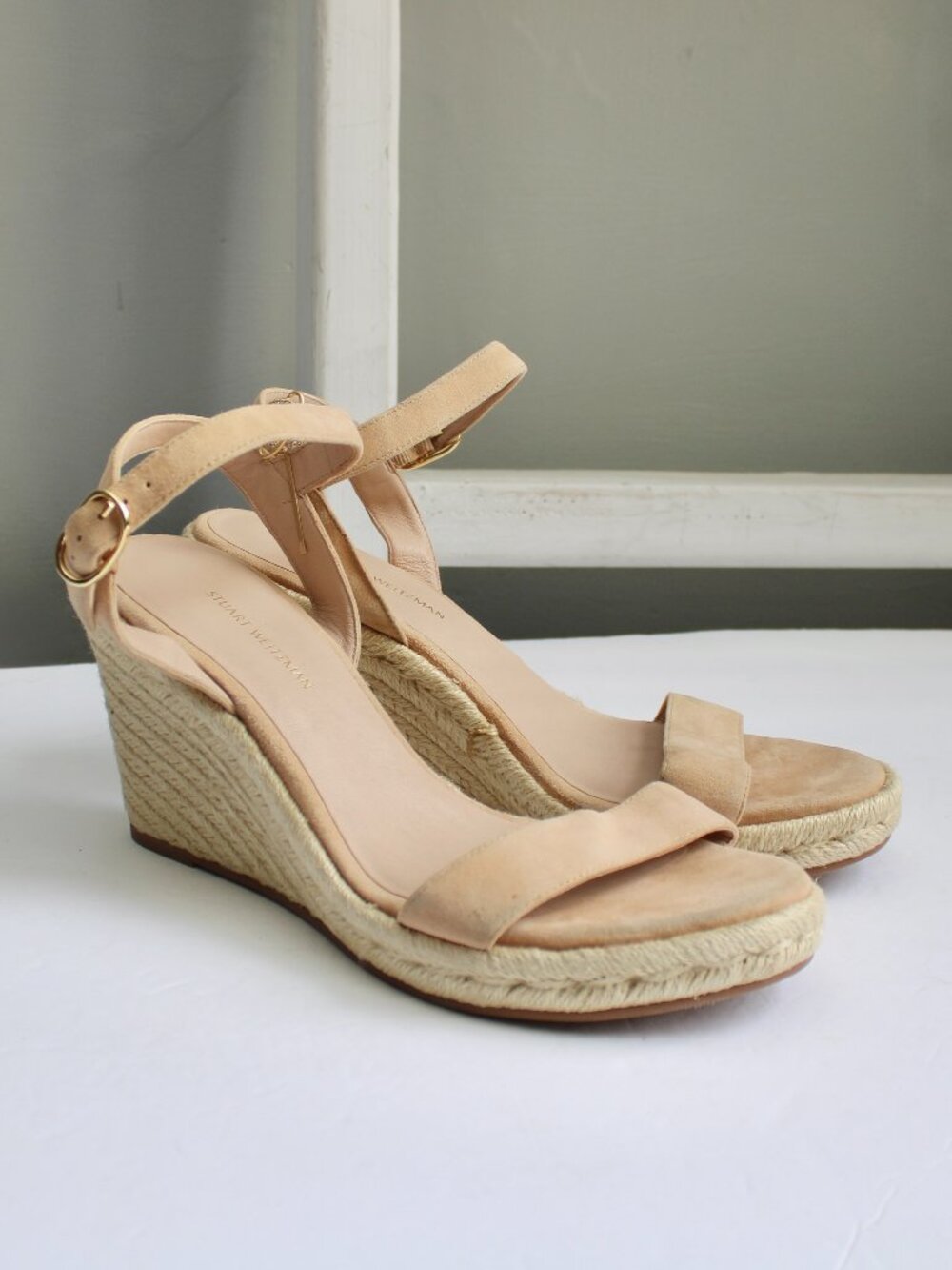 Stuart Weitzman Teddi Espadrille Wedge Heel Sandals Tan Cream Size 9 - Picture 1 of 10